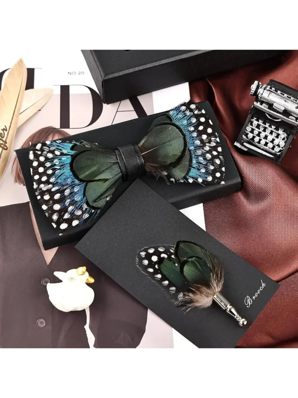 Adjustable Feather Bow Tie for Men, Handmade Leather Tuxedo Accessory
